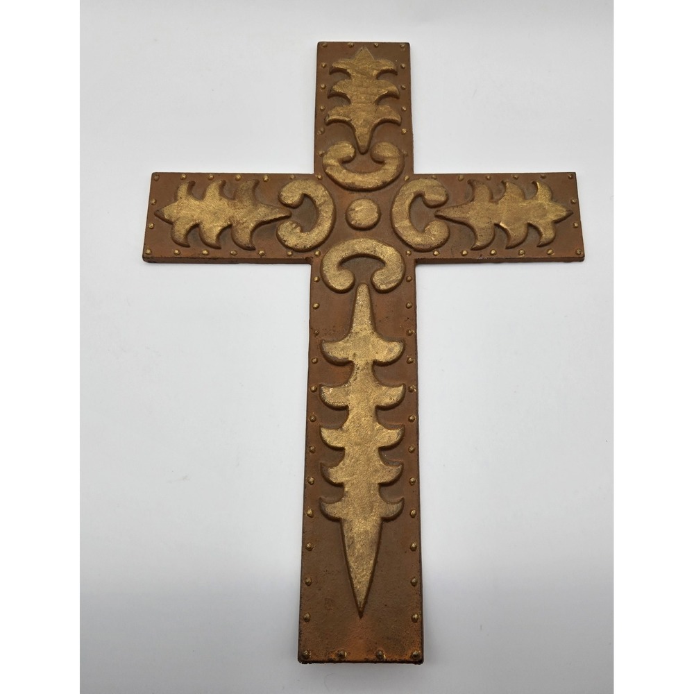 Vintage Cast Iron Wall Cross Gold Copper Fleur De Lis Rustic Religious Decor